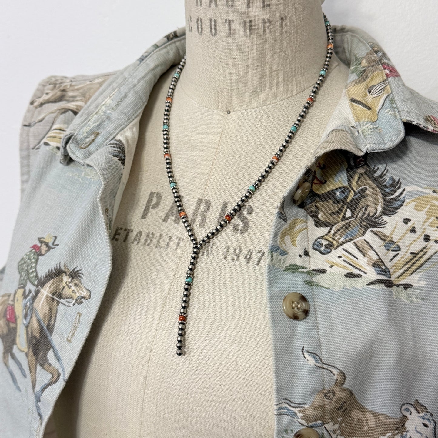 Desert Pearl Lariat Necklace with Turquoise and Spiny Oyster