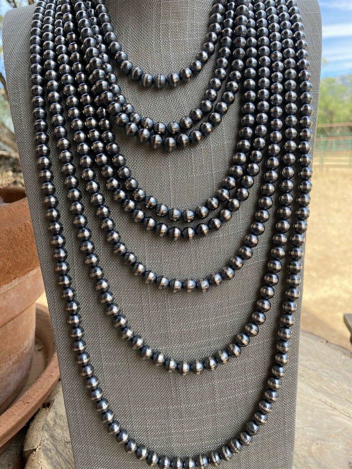 8mm Sterling Silver Navajo Pearl Style Beaded Necklace Nizhoni Traders LLC