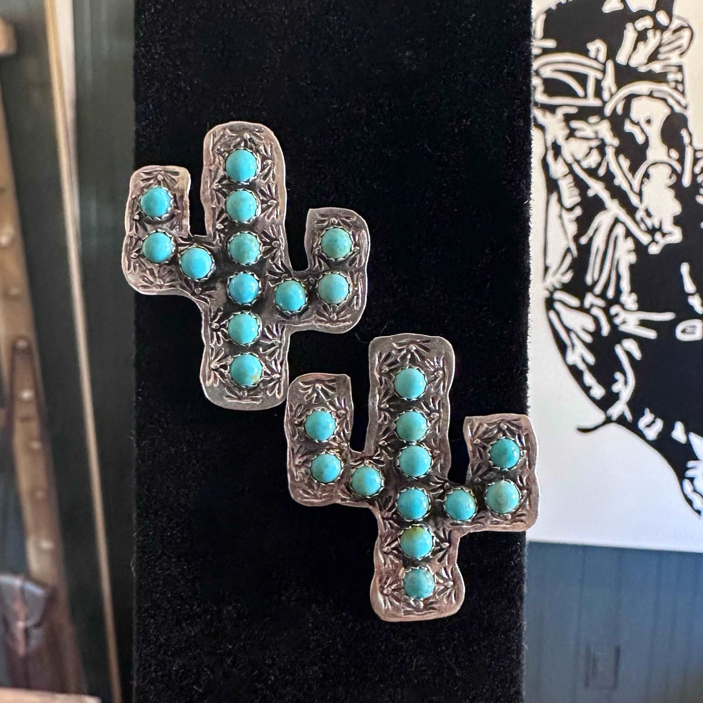 Handmade Sterling Silver Turquoise Cactus Earrings