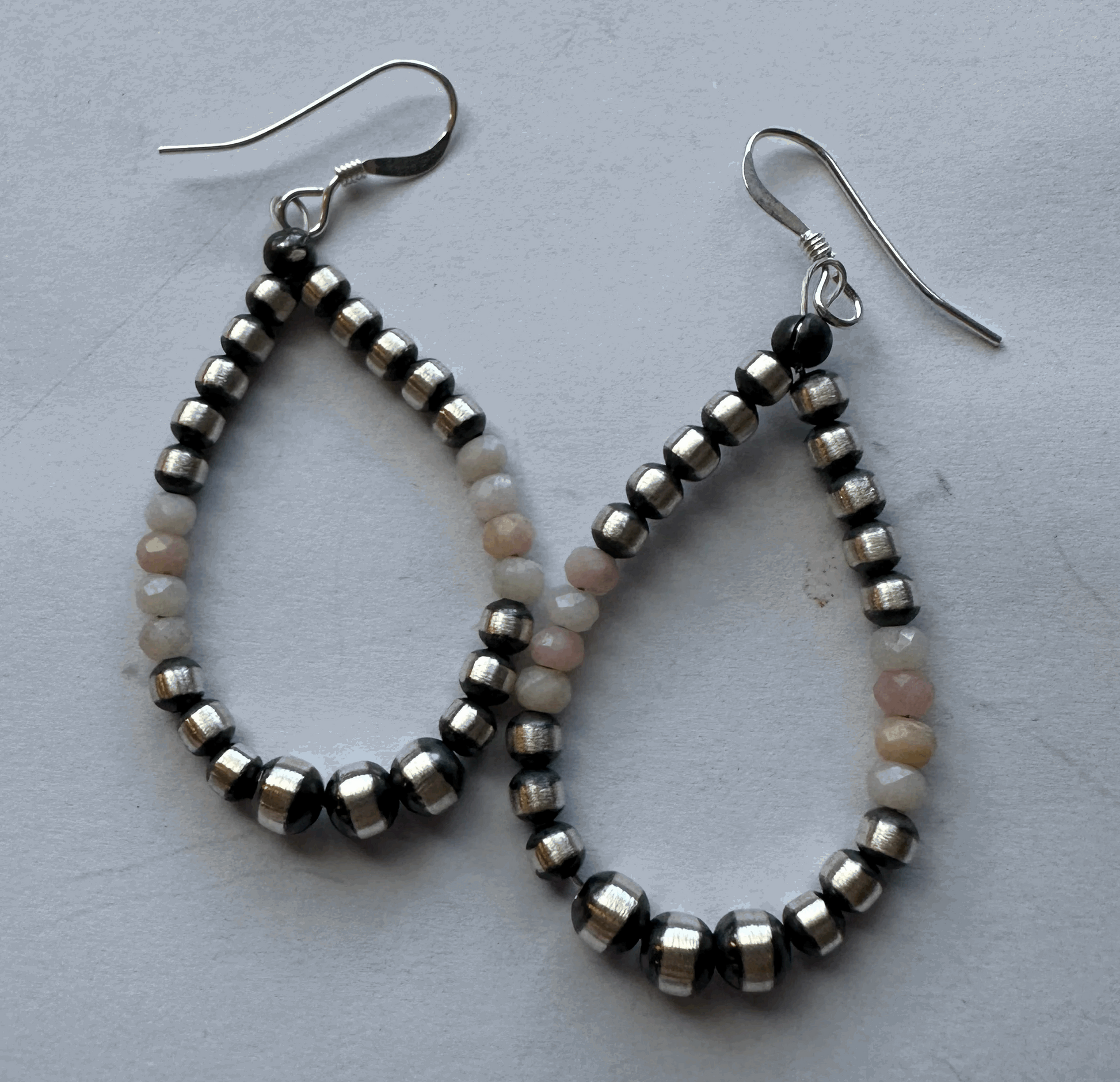 Navajo Sterling Silver and Pink Conch Pearl Bead Hoop Earrings