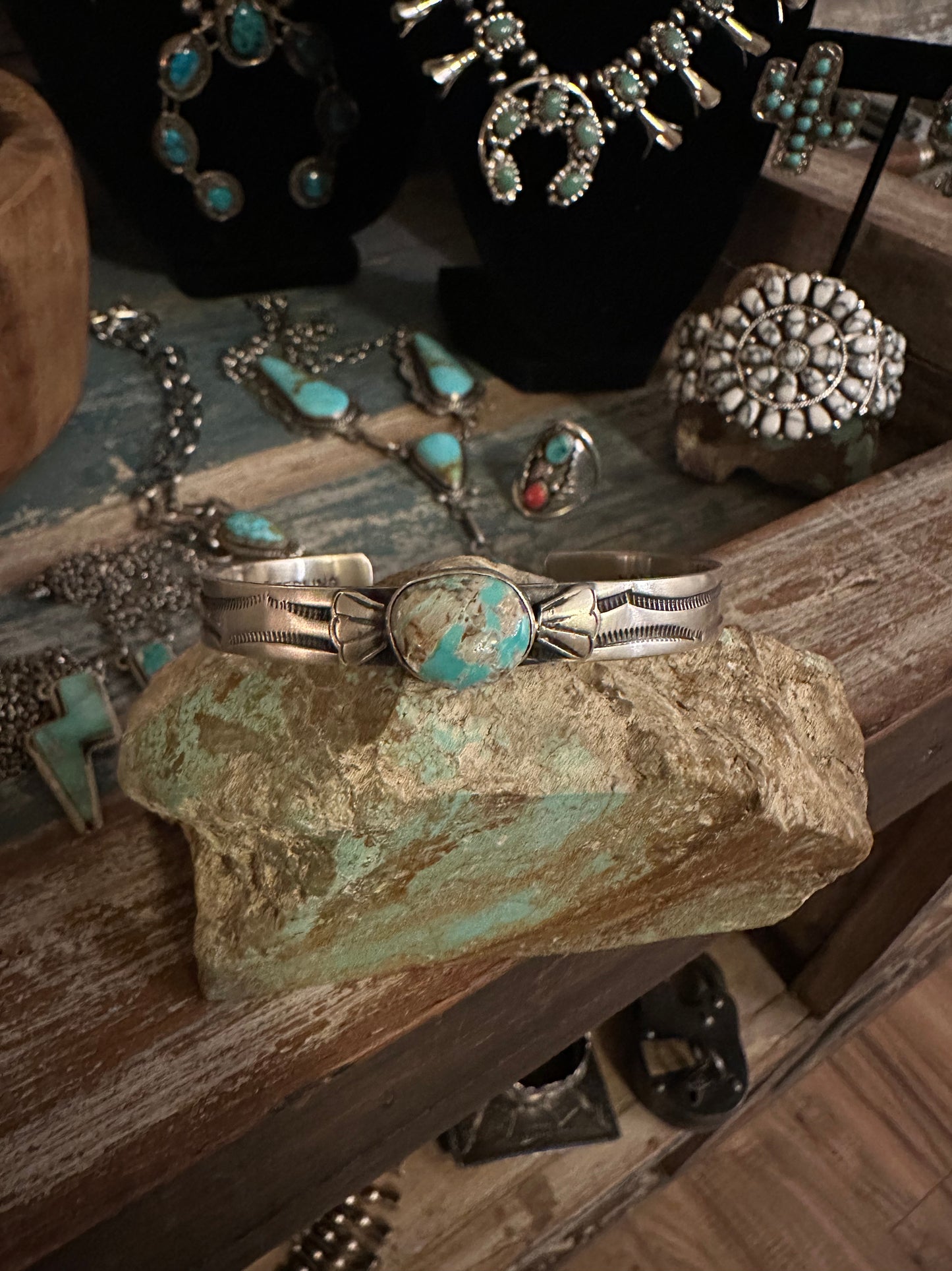 Thick Navajo Hand Stamped Cuff with Kingman Turquoise High Voltage Ranch
