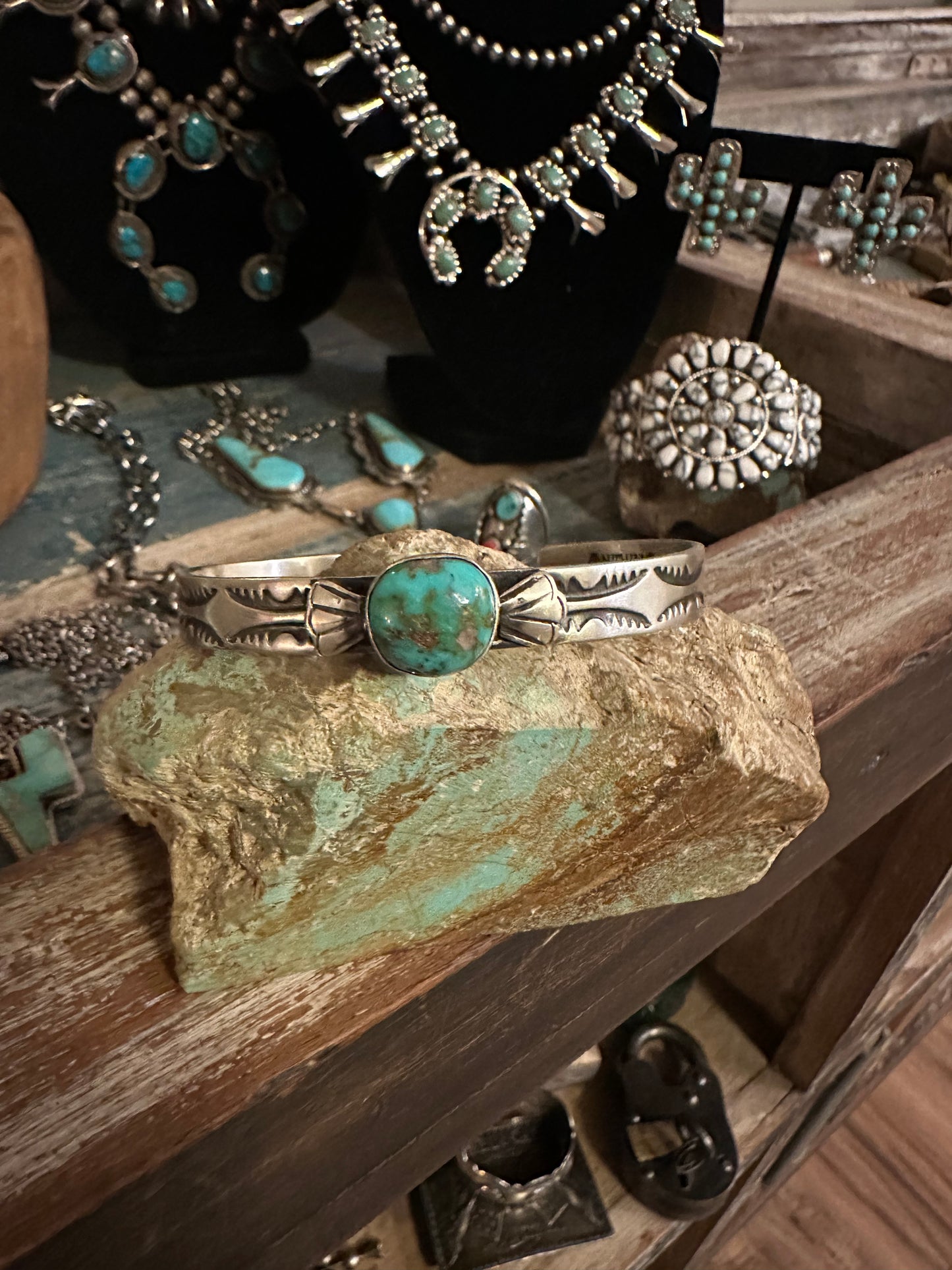 Thick Navajo Hand Stamped Cuff with Kingman Turquoise High Voltage Ranch